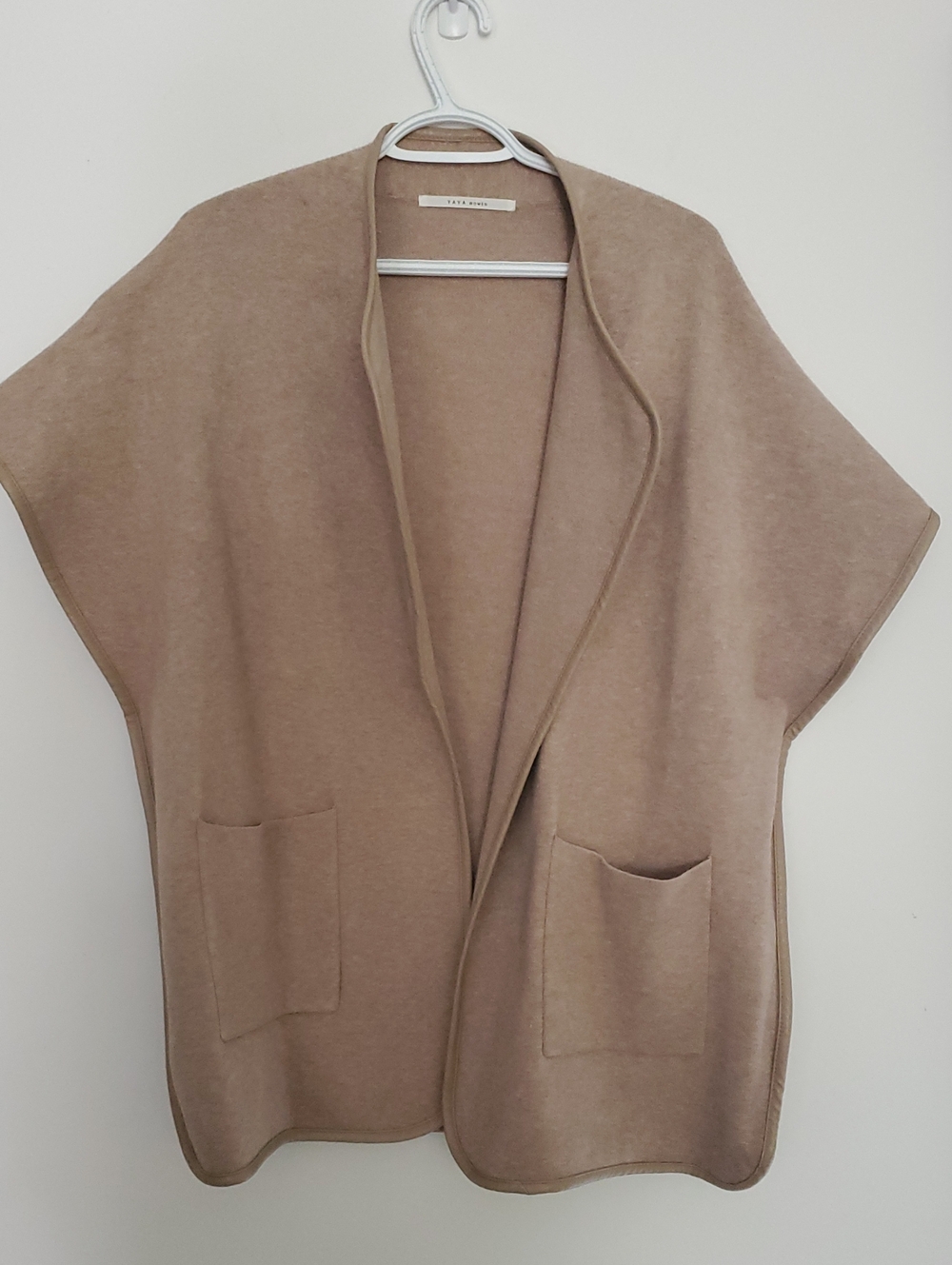 YAYA Women Beige Shawl Collar Poncho Vest Cardigan Faux Leather Trim - OS